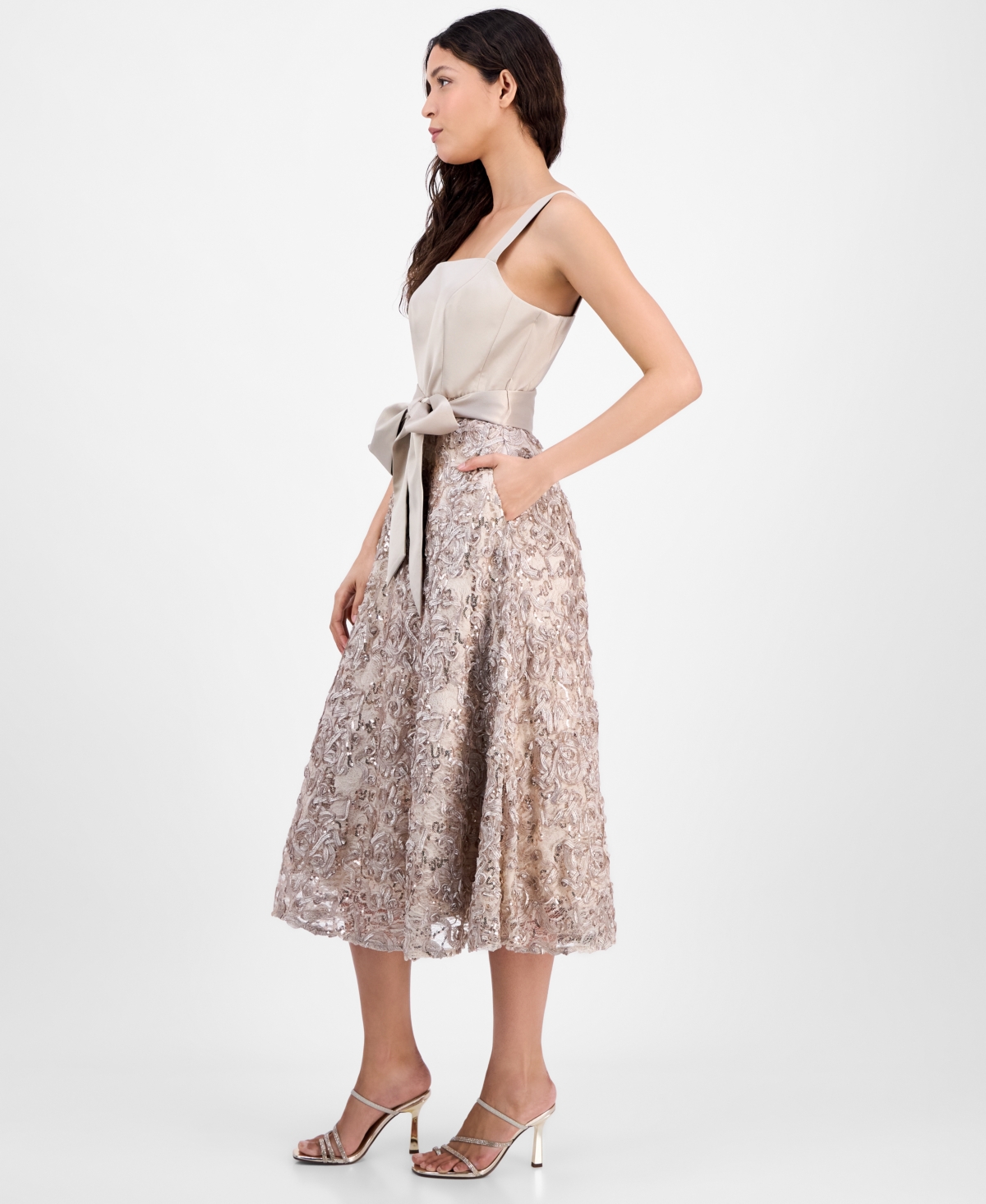 Tahari Asl Sequin Soutache Satin Cocktail Dress In Champagne