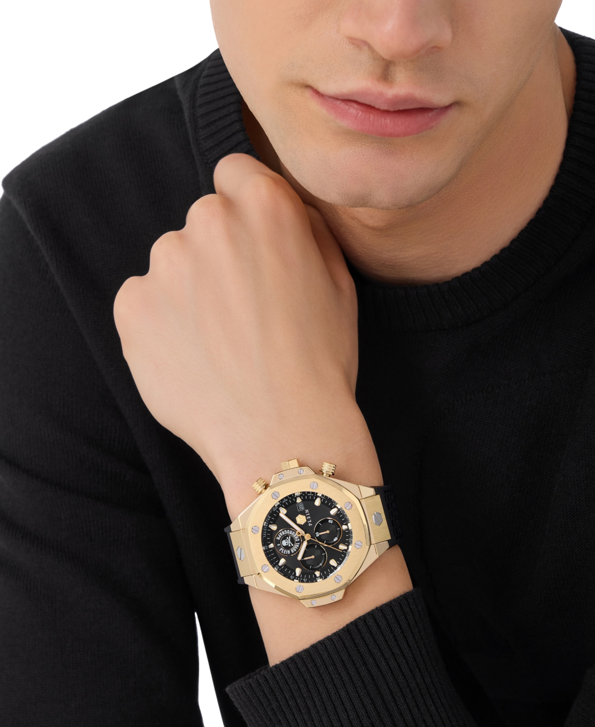 Philipp Plein Men's Chronograph Royal Black Silicone Strap Watch 46mm In Ip Yellow Gold