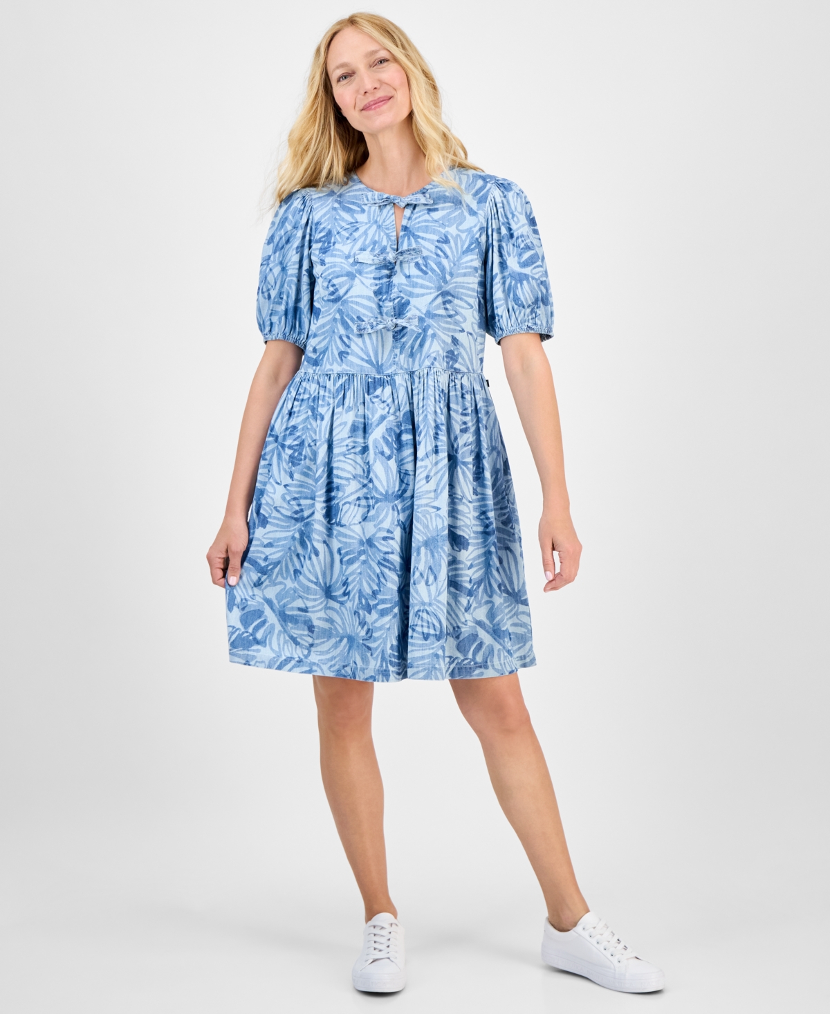 Women's Palm-Print Bow-Trim Dress - Ws 055- Sienna Wash