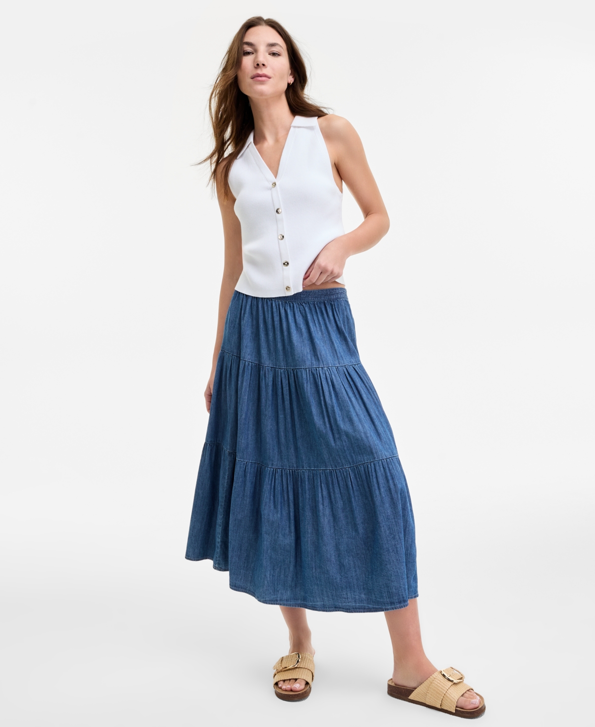 Women's Three-Tiered Chambray Midi Skirt - Med Azure