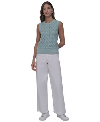 Женский хлопковый свитер без рукавов из трикотажа в горошек от DKNY Jeans и джинсы с высокой талией и широкими штанинами