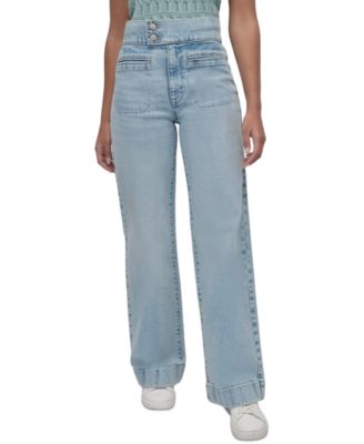 Женский свитер без рукавов из хлопчатобумажной трикотажной пряжи DKNY Jeans и джинсы с высокой посадкой и широкими штанинами на талии