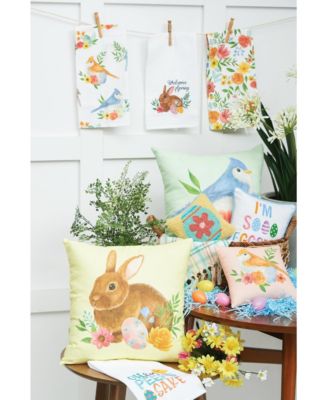 Yellow Floral Bunny Woven Spring Easter Themed Accent Throw Pillow, 18" x 18"
