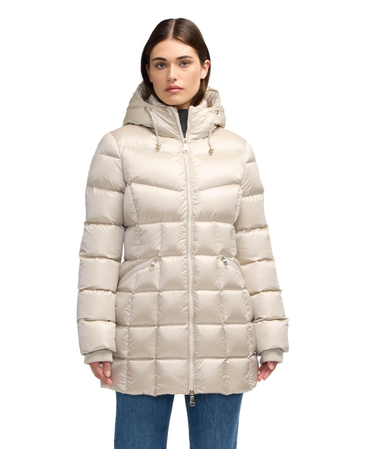 Women's Zola Box Quilt Mid-Length Puffer with Fixed Hood - Champagne