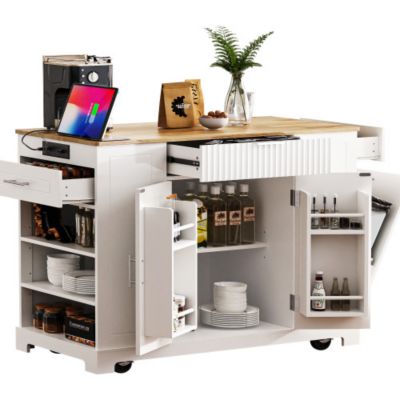 K K Fluted Kitchen Island with Trash Can Storage Power Outlet 3 Drawers Open Side Racks 5 Wheels White