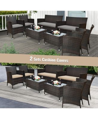 8PCS Rattan Patio Furniture Set Cushioned Sofa Chair Coffee Table