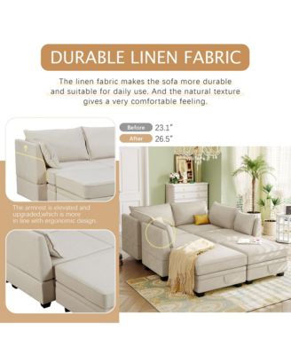 Modern Large 6 Pc. Linen Upholstered Wood Convertible Storage U-Shape Sectional Sofa Bed with Reversible Chaise