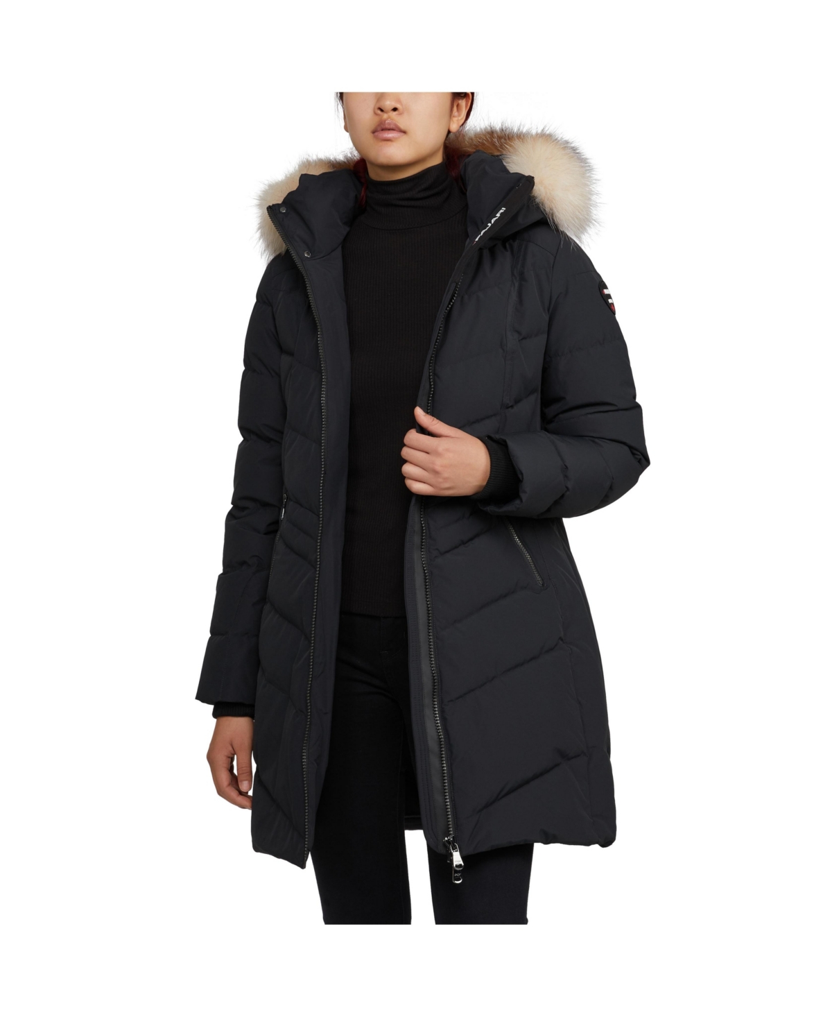 Women's January Down Chevron Puffer with Detachable Hood Faux Fur - Black