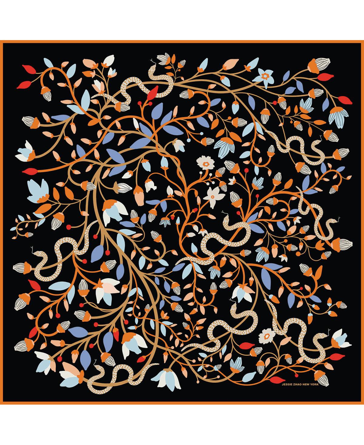 Double Sided Wool Silk Scarf Of Night's Enchanted Garden - Black / orange