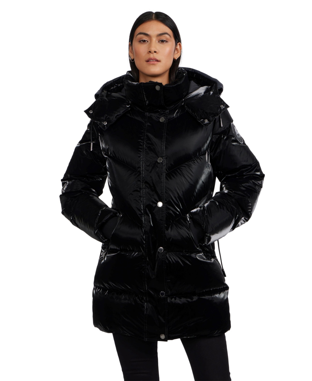 Women's Estelle Mixed Chevron Quilted Puffer with Detachable Hood - Black