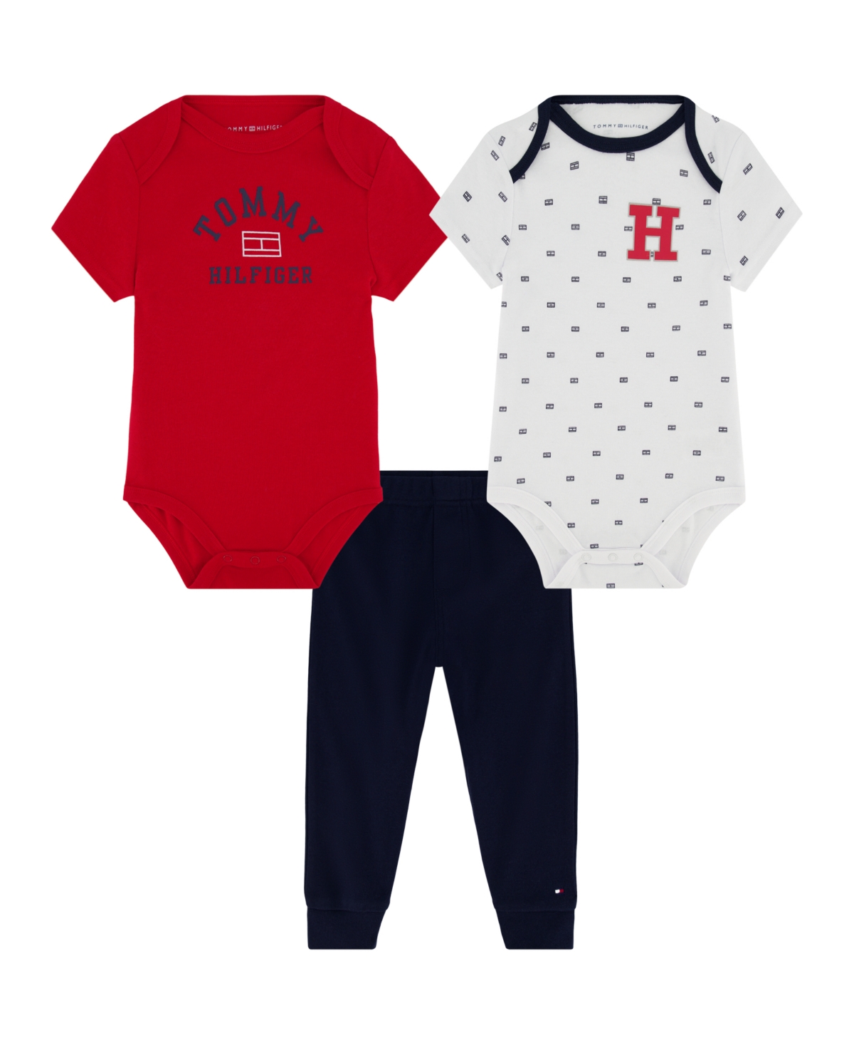 TOMMY HILFIGER BABY BOY 3-PIECE SIGNATURE BODYSUITS COMBED INTERLOCK JOGGERS SET 