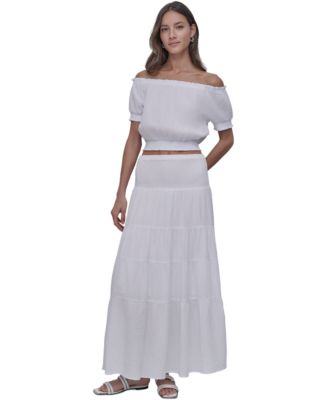 <p>Smocked Denim Maxi Skirt Set</p> main image 1