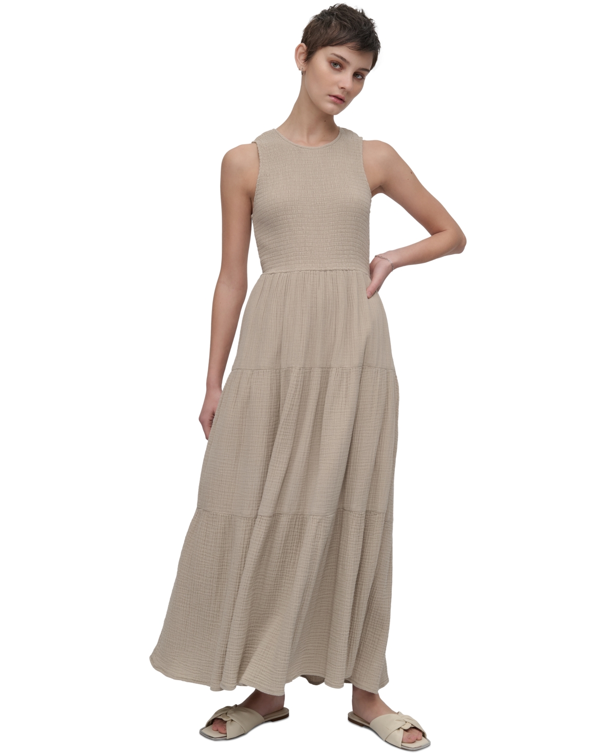 DKNY JEANS WOMEN'S COTTON GAUZE SMOCKED-BODICE MAXI DRESS 