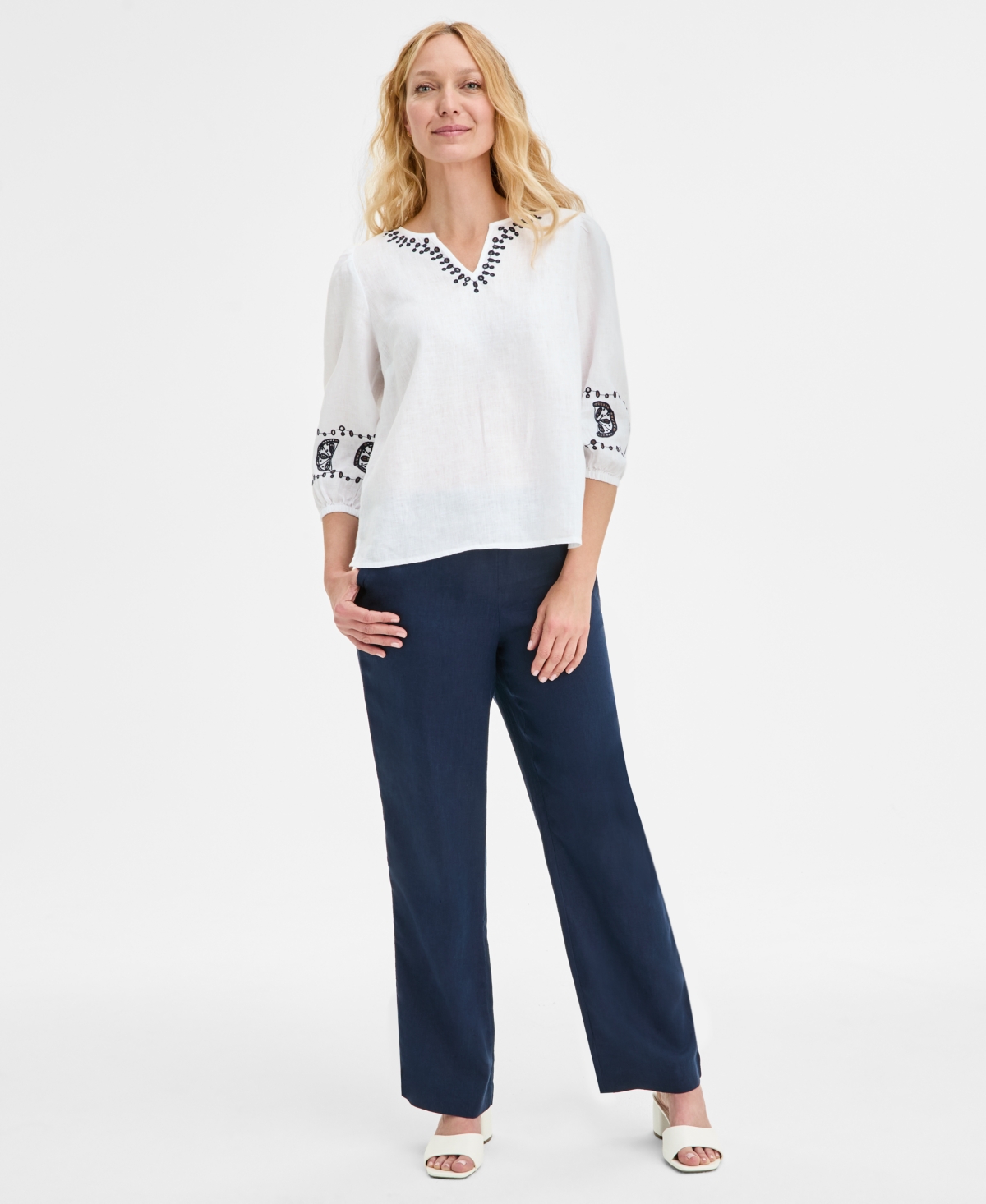 CHARTER CLUB WOMEN'S EMBROIDERED 100% LINEN TOP, EXCLUSIVELY AT MACY'S 