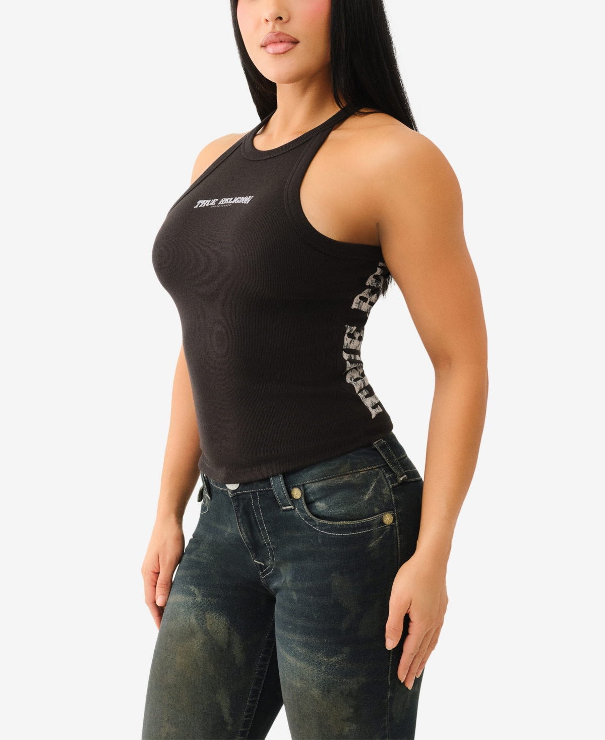 TRUE RELIGION WOMEN'S LOGO HALTER NECKLINE TANK T-SHIRT 