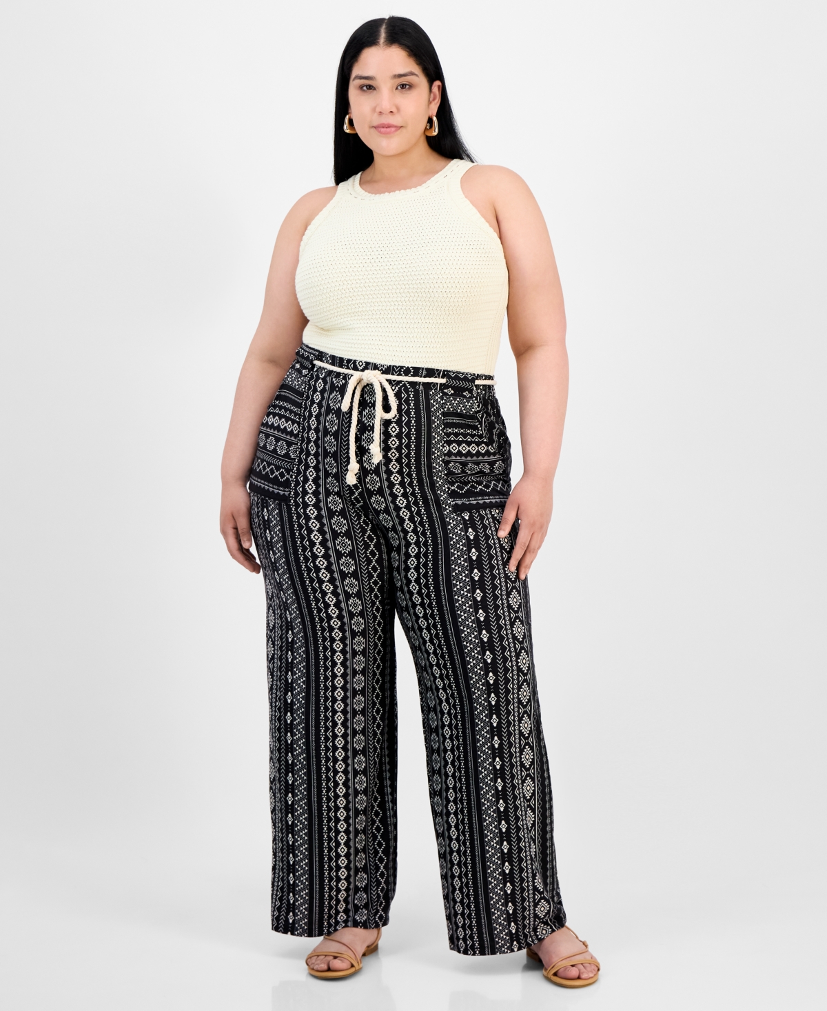 Trendy Plus Size Printed Rope-Belt Stretch Pants - Vintage Indigo