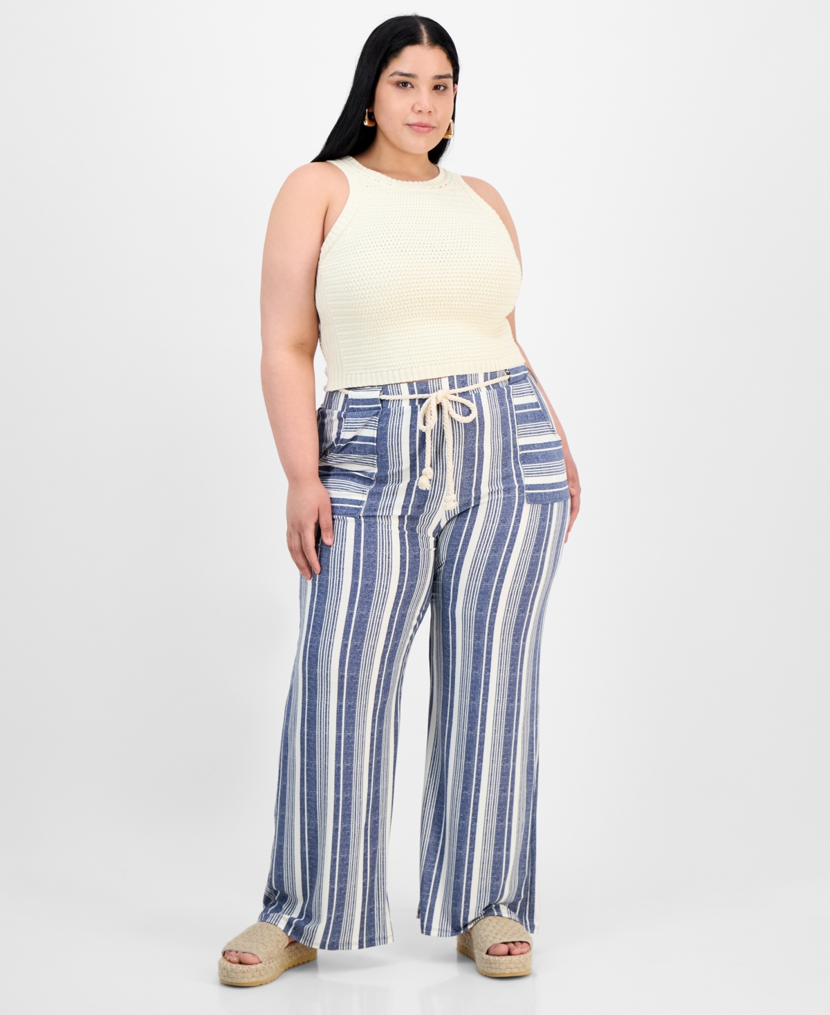 Trendy Plus Size Printed Rope-Belt Stretch Pants - Vintage Indigo