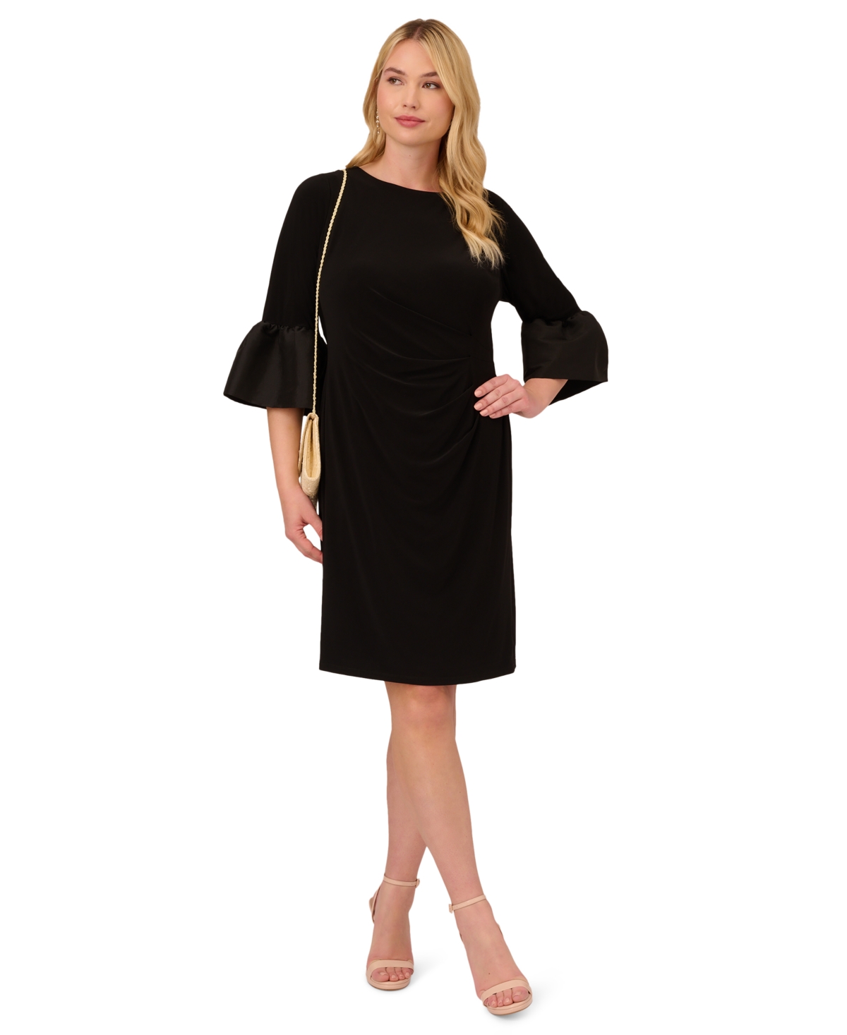 Women's Gathered-Waist Bell-Sleeve Dress - Black