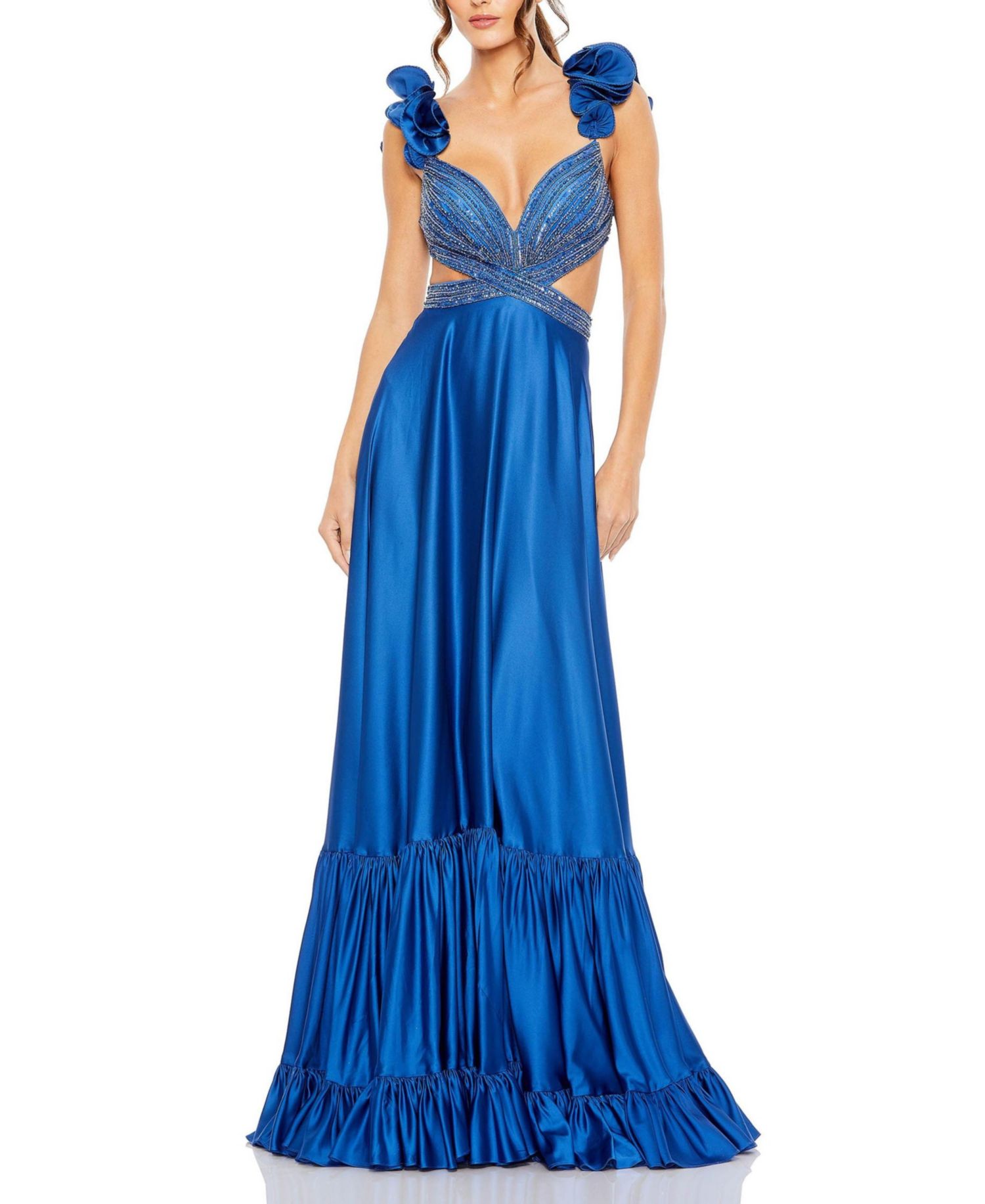Women's Beaded Cross Cut Out Ruffled Strap A Line Gown