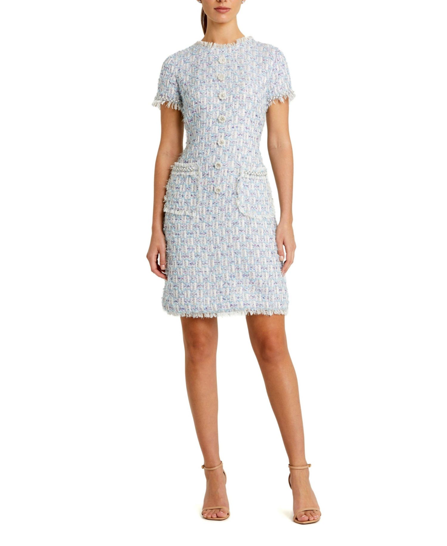 Women's Floral Buttons and Pearl Detailing Boucle Shift Dress