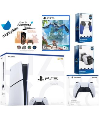 Playstation 5 Slim Disc Bundle with Horizon Forbidden West, Extra Controller, Trigger Stop Kit, Dual Charge Dock and MightySkins Decal Voucher
