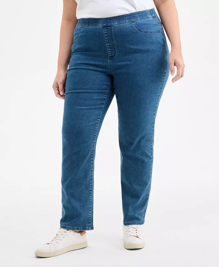 Plus Size Straight-Leg Pull-On Jeans - thumbnail 3