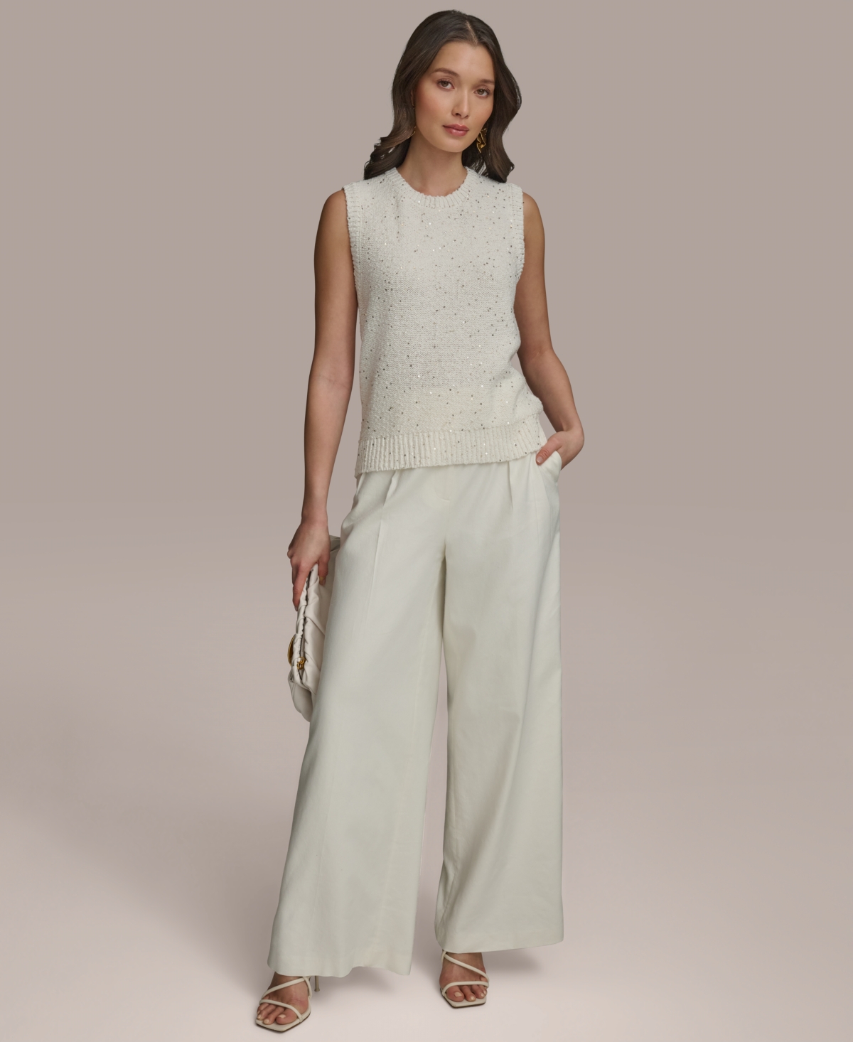 Shop Donna Karan Women's Sequined Sleeveless Sweater In Cream
