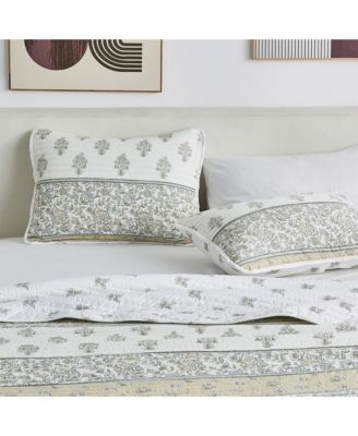 Floral Stripe Printed Reversible Stitched Quilt Set with Shams