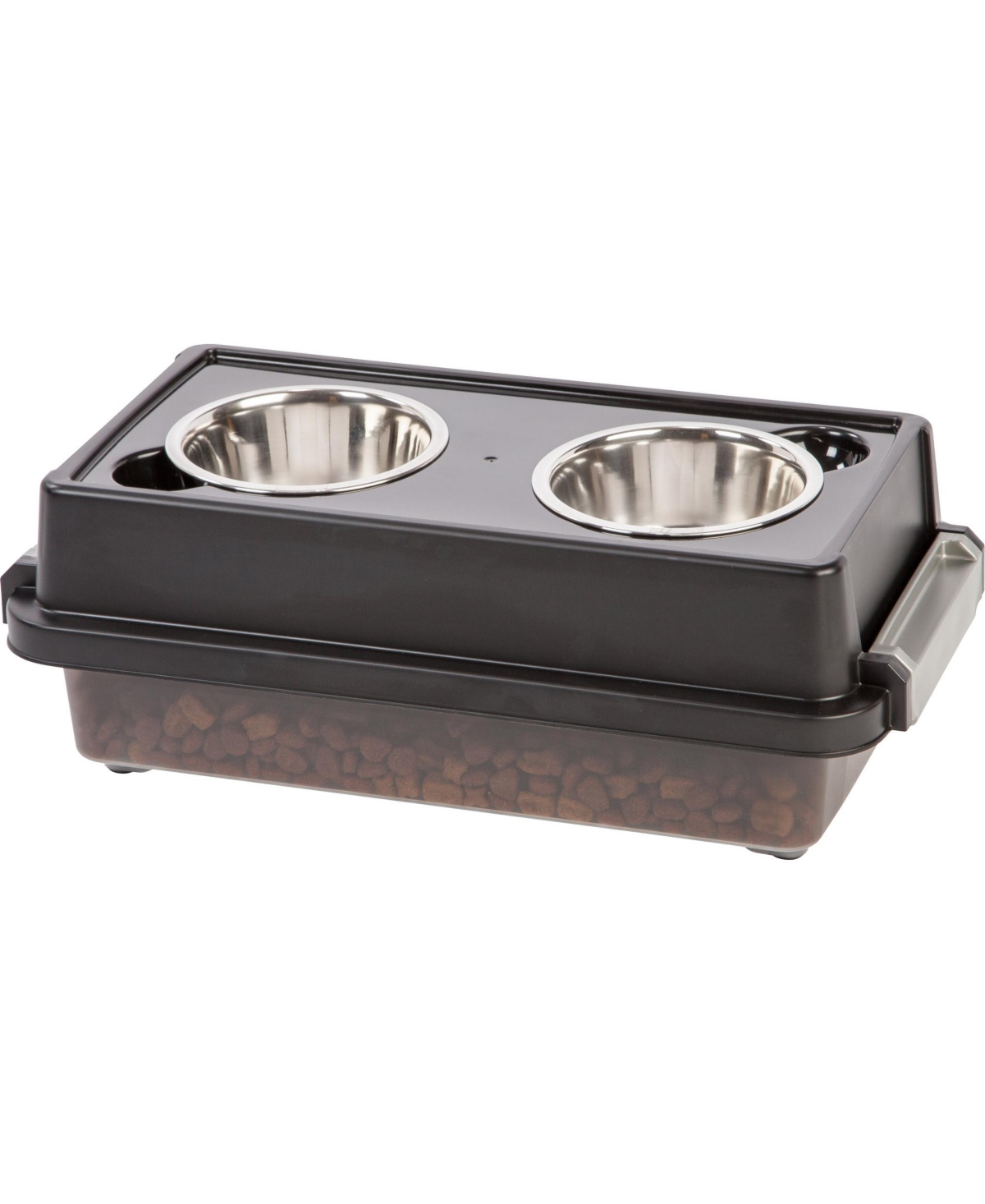Usa 2-in-1 Elevated Dog Bowls 6" H with Airtight Pet Food Storage Container 5 Lbs, 16 oz Stainless Steel Bowls, Smoke/Black