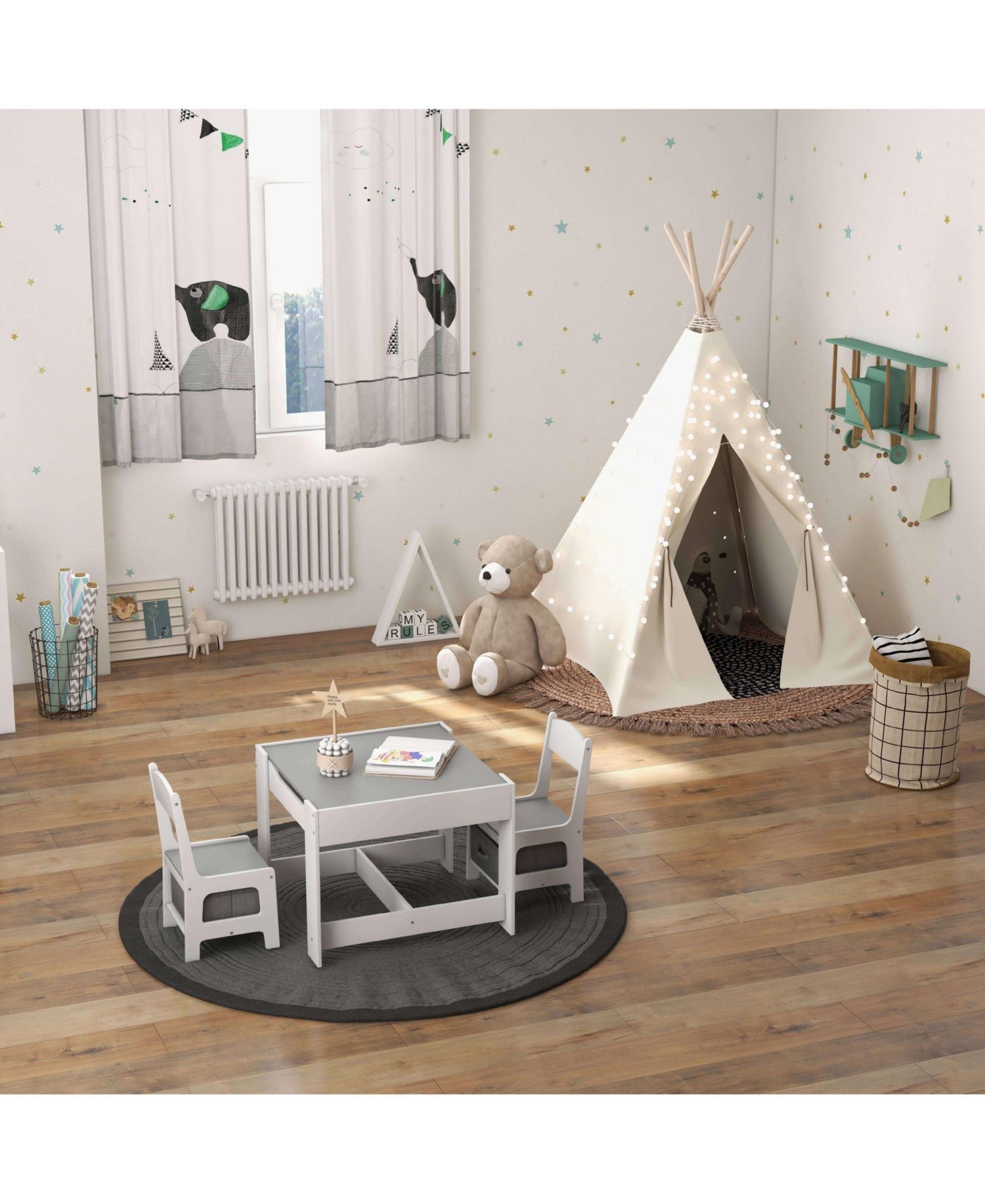 Kids Table Chairs Set with Storage Boxes Blackboard Whiteboard Drawing