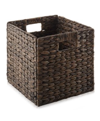 10.5" x 10.5" Water Hyacinth Storage Baskets, Espresso - Set of 4 Collapsible Cube Organizers, Woven Bins for Bathroom, Bedroom, Laundry, Pantry, Shelves