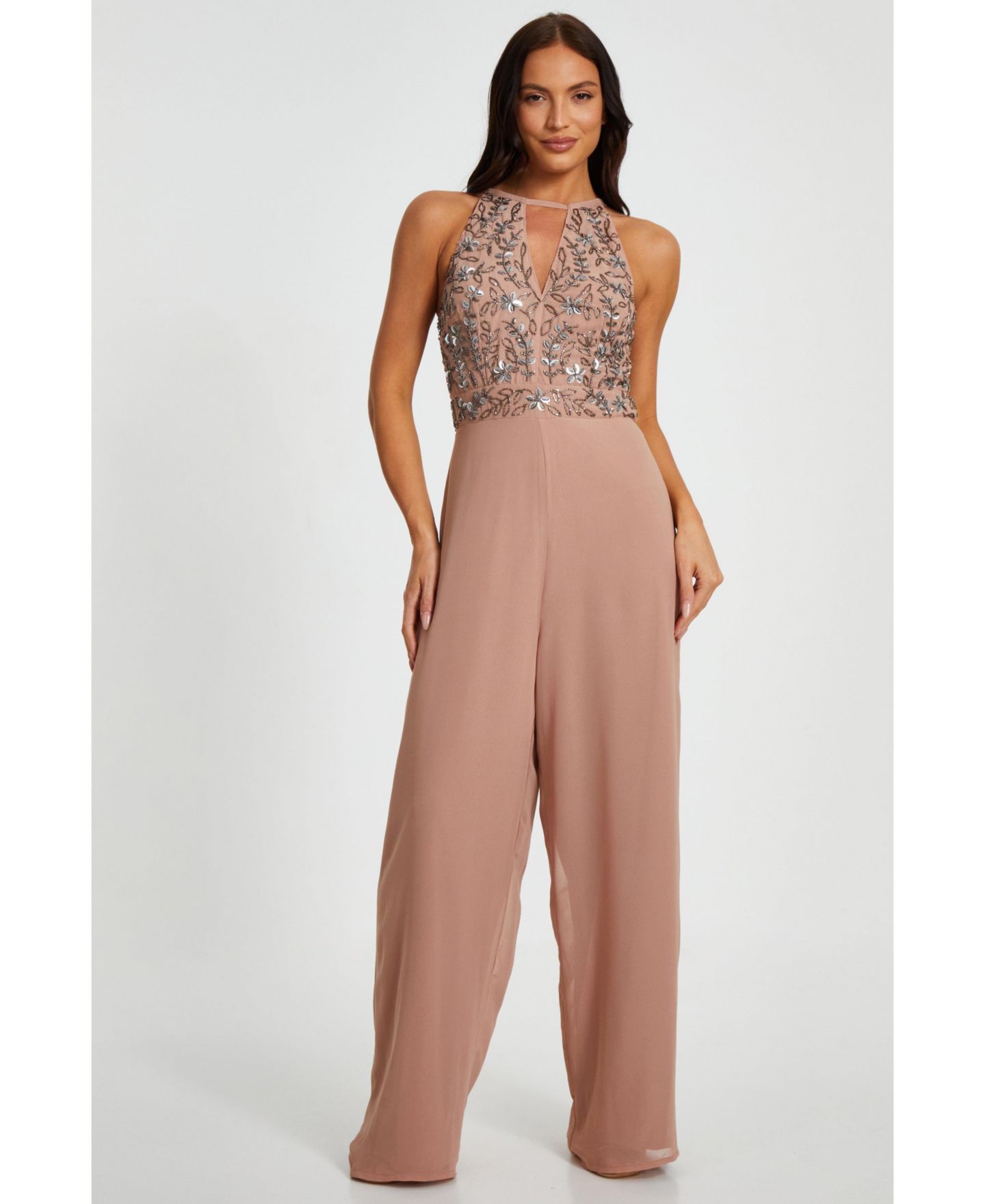 Женский комбинезон QUIZ Beaded V Neck Chiffon Jumpsuit, цвет: Мягкий розовый — фото 1