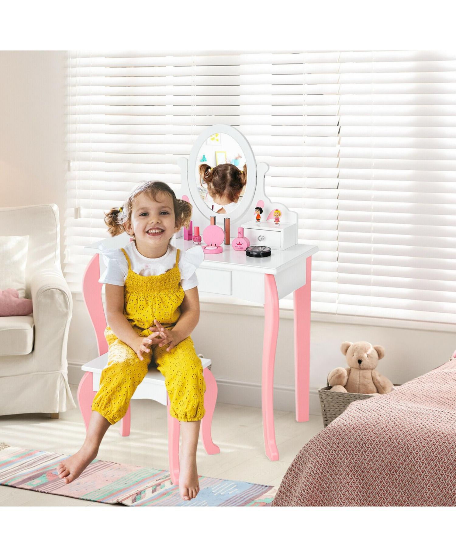 Kids Vanity Princess Makeup Dressing Table Stool Set with Mirror and Drawer