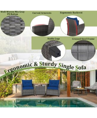 3 Piece Patio Rattan Wicker Sofa Set  w/ Cushions Glass Tabletop