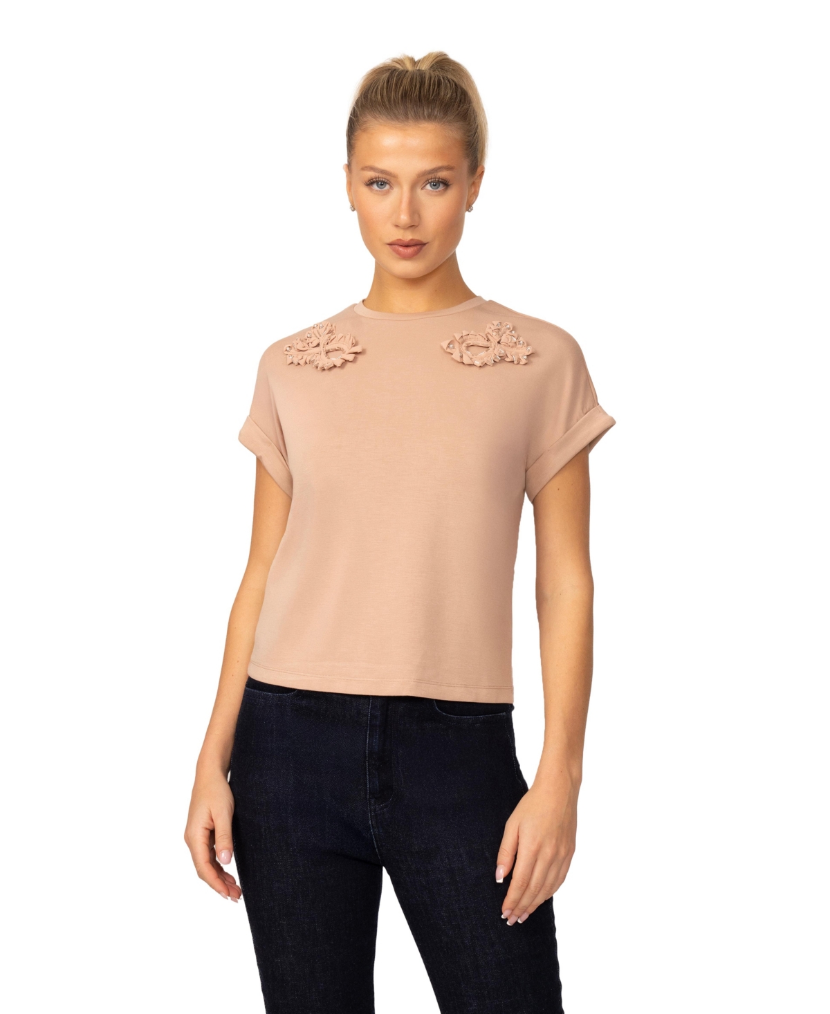 Women's Beaded Scuba Knit Top - Camel hair