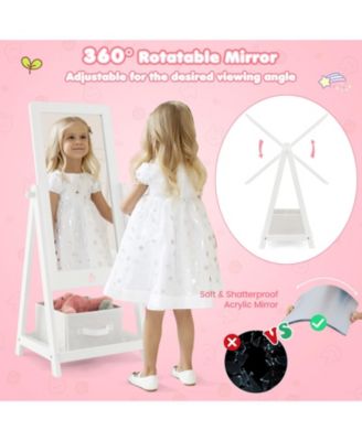 Kids Full Length Mirror 360 Degree Rotatable Dressing Mirror with Storage Bin