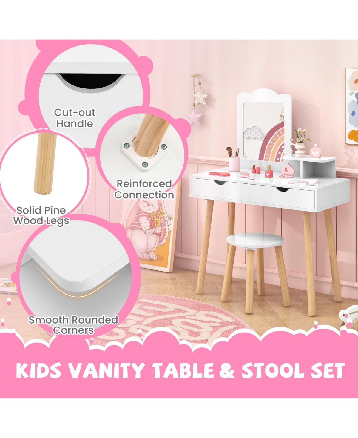 Kid Vanity Table Chair Set with Mirror and 2 Large Storage Drawers