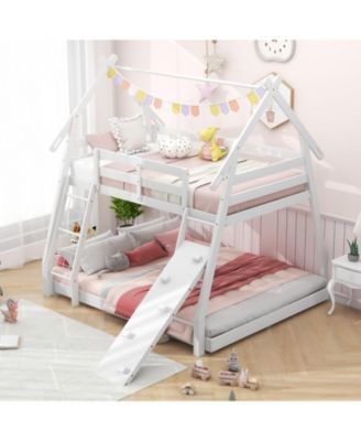 Twin Over Queen Bunk Bed Wooden Kids Bed with Climbing Nets and Ramp