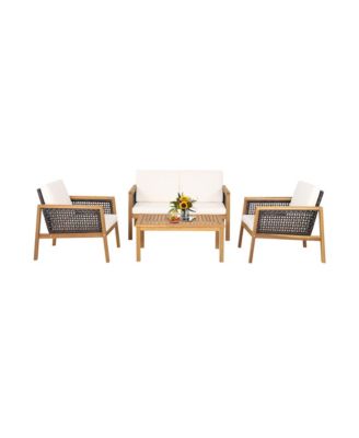4 Piece Patio PE Rattan Conversation Set Acacia Wood Furniture Set  w/ Cushions