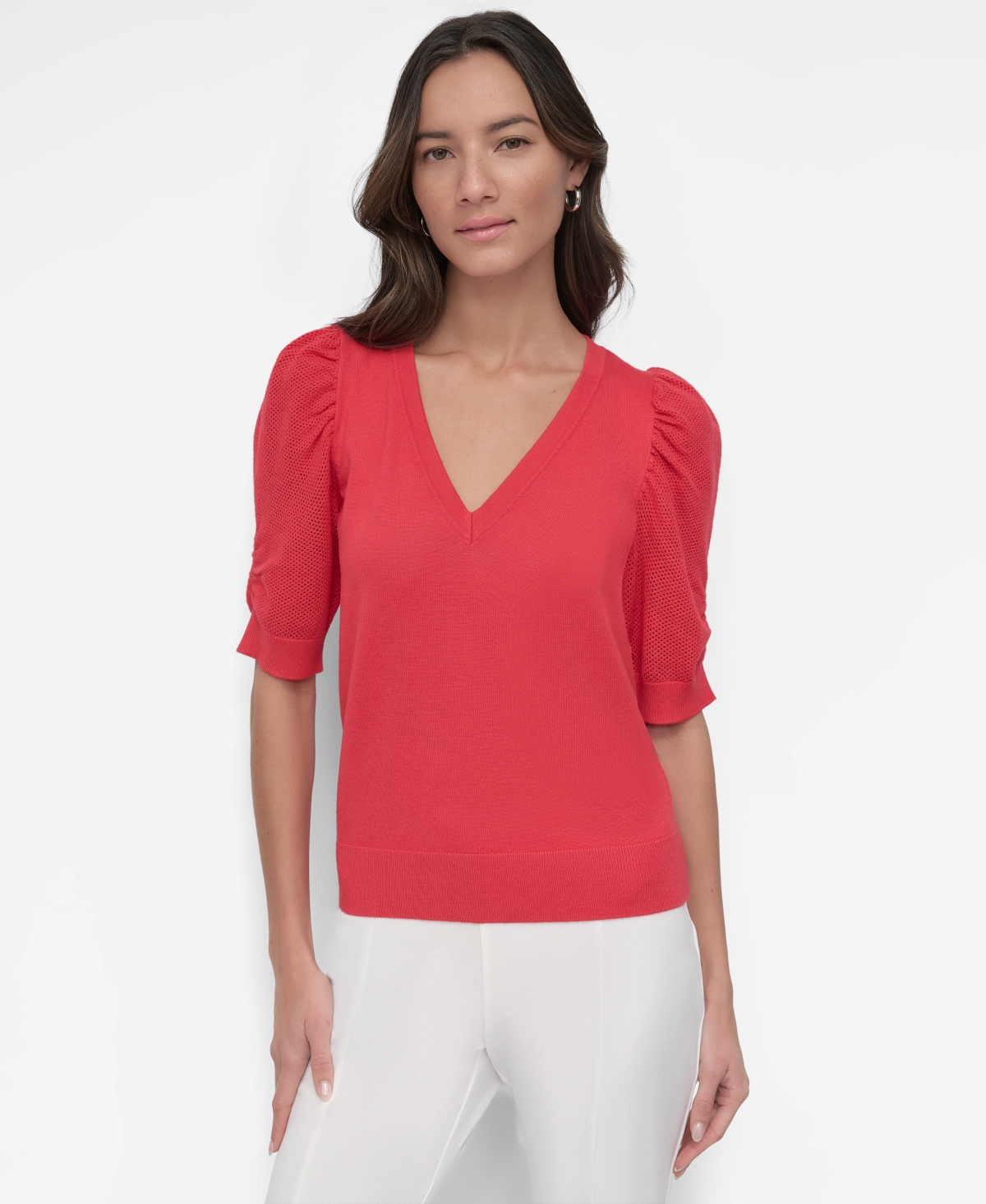 Dkny Women's Puff-sleeve V-neck Sweater In Red