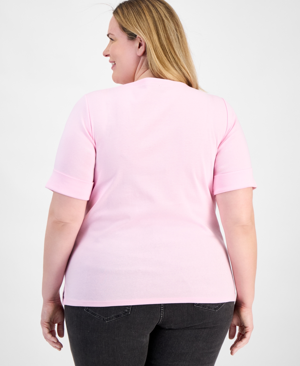 Style & Co Plus Size Boat-neck Elbow Sleeve Cotton Top, Exclusively At Macy's