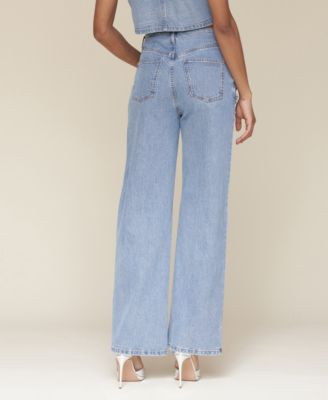 Женский джинсовый топ с коротким рукавом, отделанный стразами, от Avec Les Filles + джинсы с высокой талией и широкими штанинами, отделанные стразами