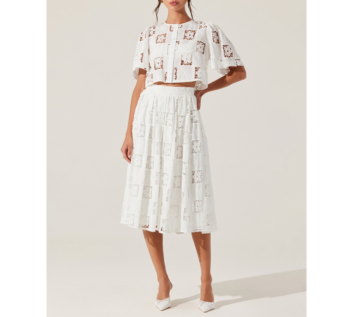Astr The Label Andolina Floral Lace Button-up Crop Top In White