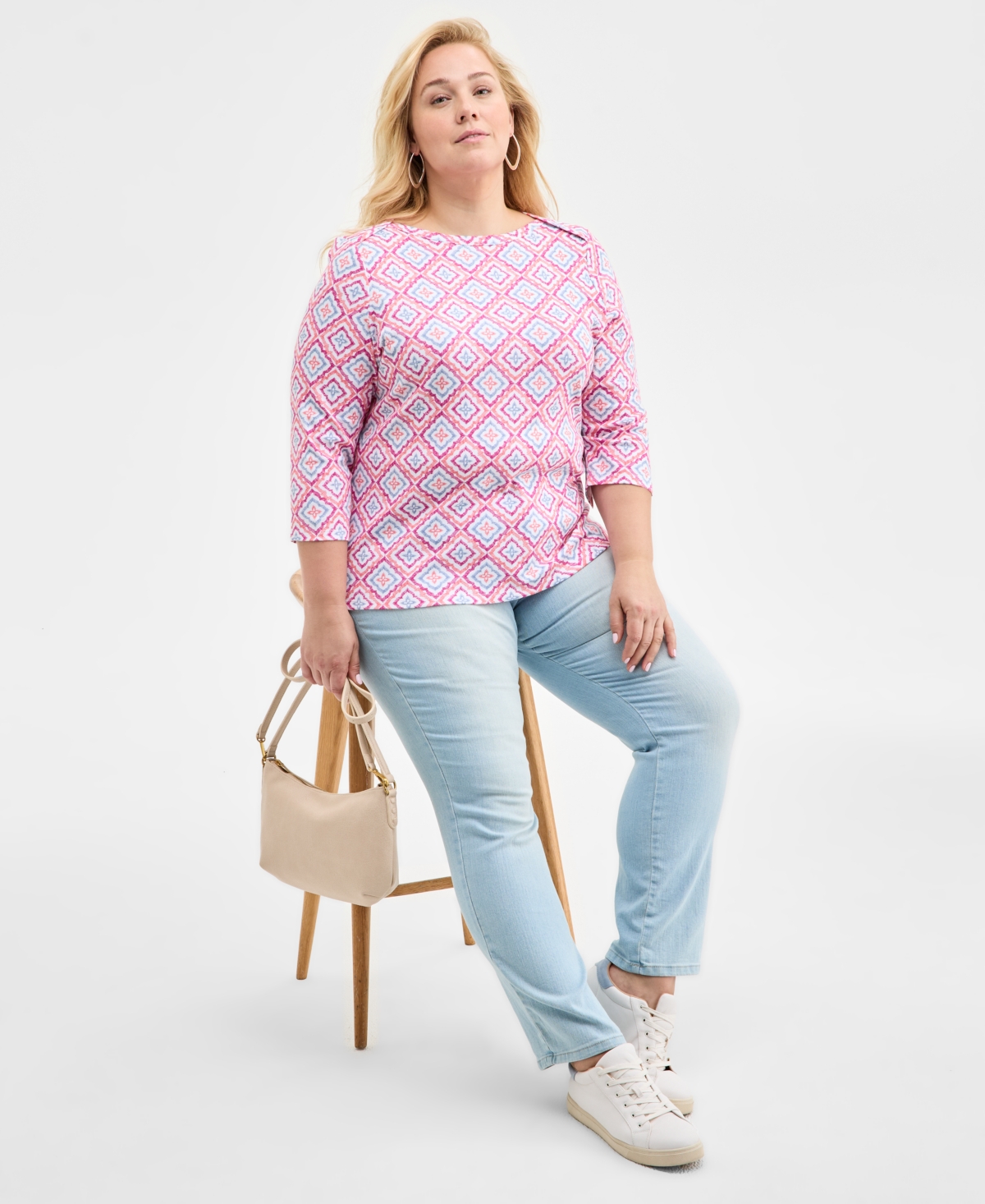 Shop Style & Co Plus Size Printed 3/4-sleeve Knit Top, Exclusively At Macy's In Simple Rose