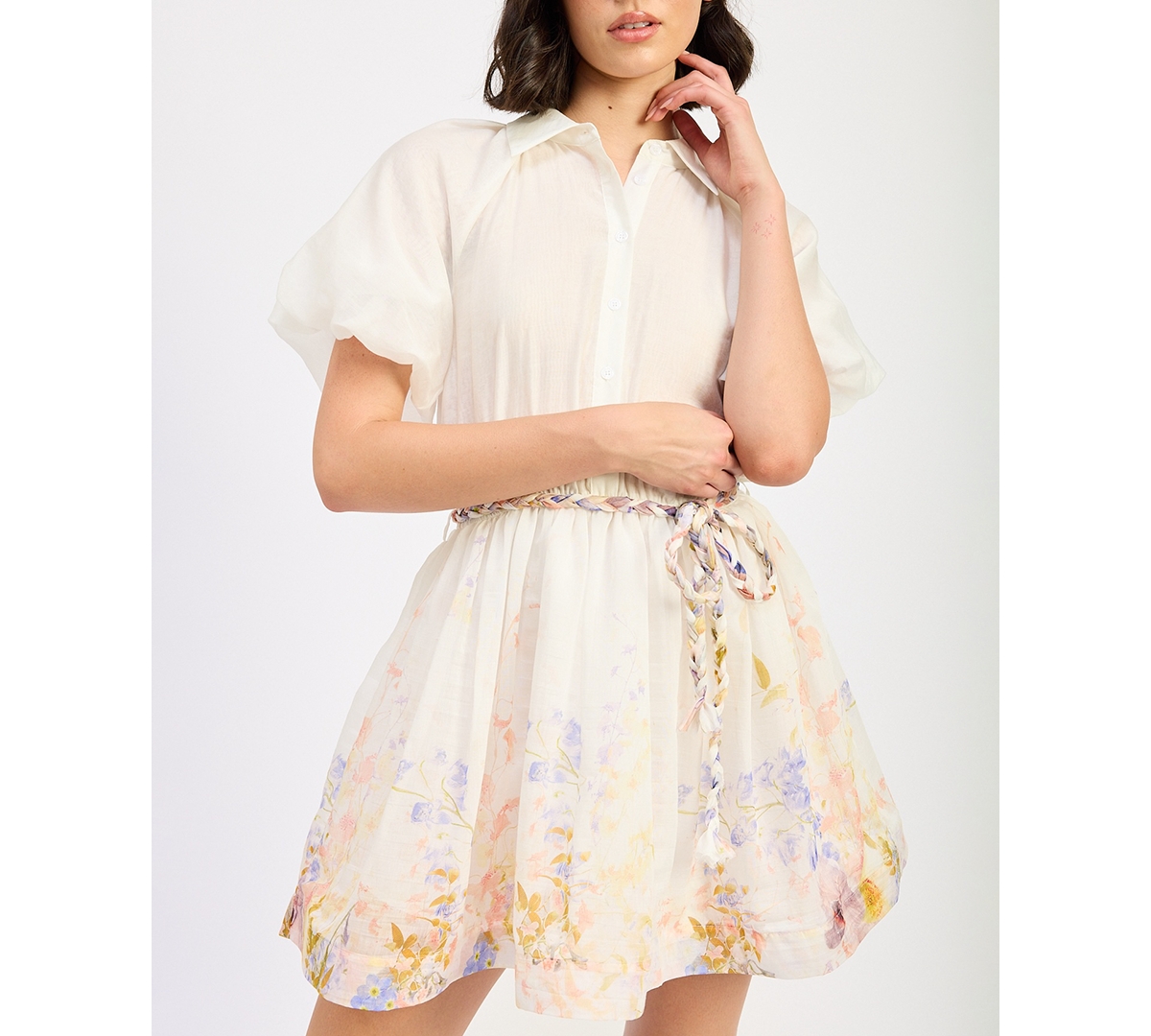 En Saison Taylorann Puff Sleeve Minidress In Ivory Violet Orange