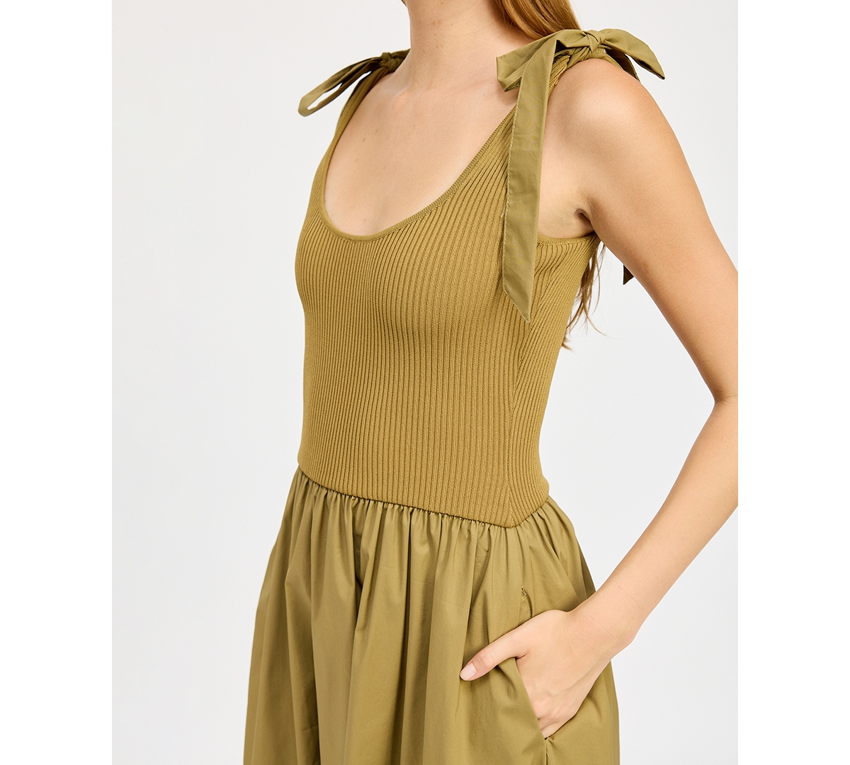 En Saison Wren Mixed Media Midi Dress In Khaki In Khaki