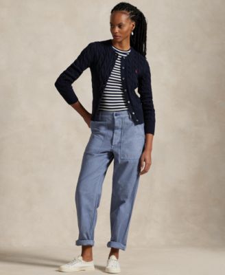 Women's Cable-Knit Cotton Crewneck Cardigan Sweater