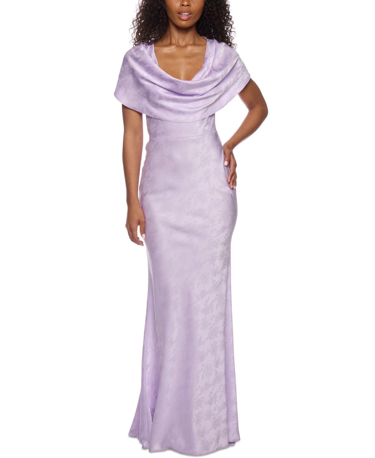 Juniors' Cowlneck Satin Jacquard Gown - Lilac
