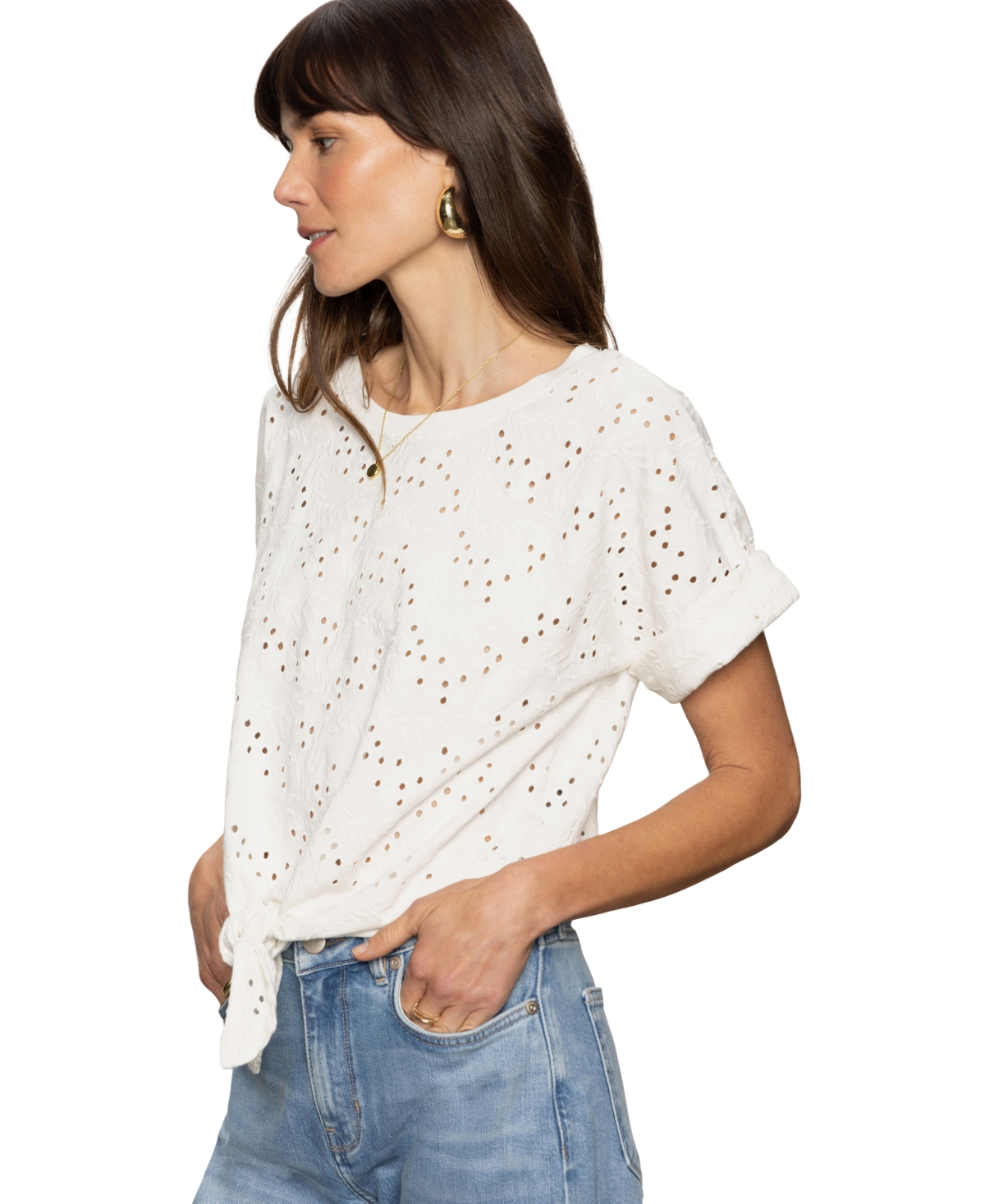 Shop Sanctuary Women's Cotton All Day Eyelet Tie-front Tee In Bleached White
