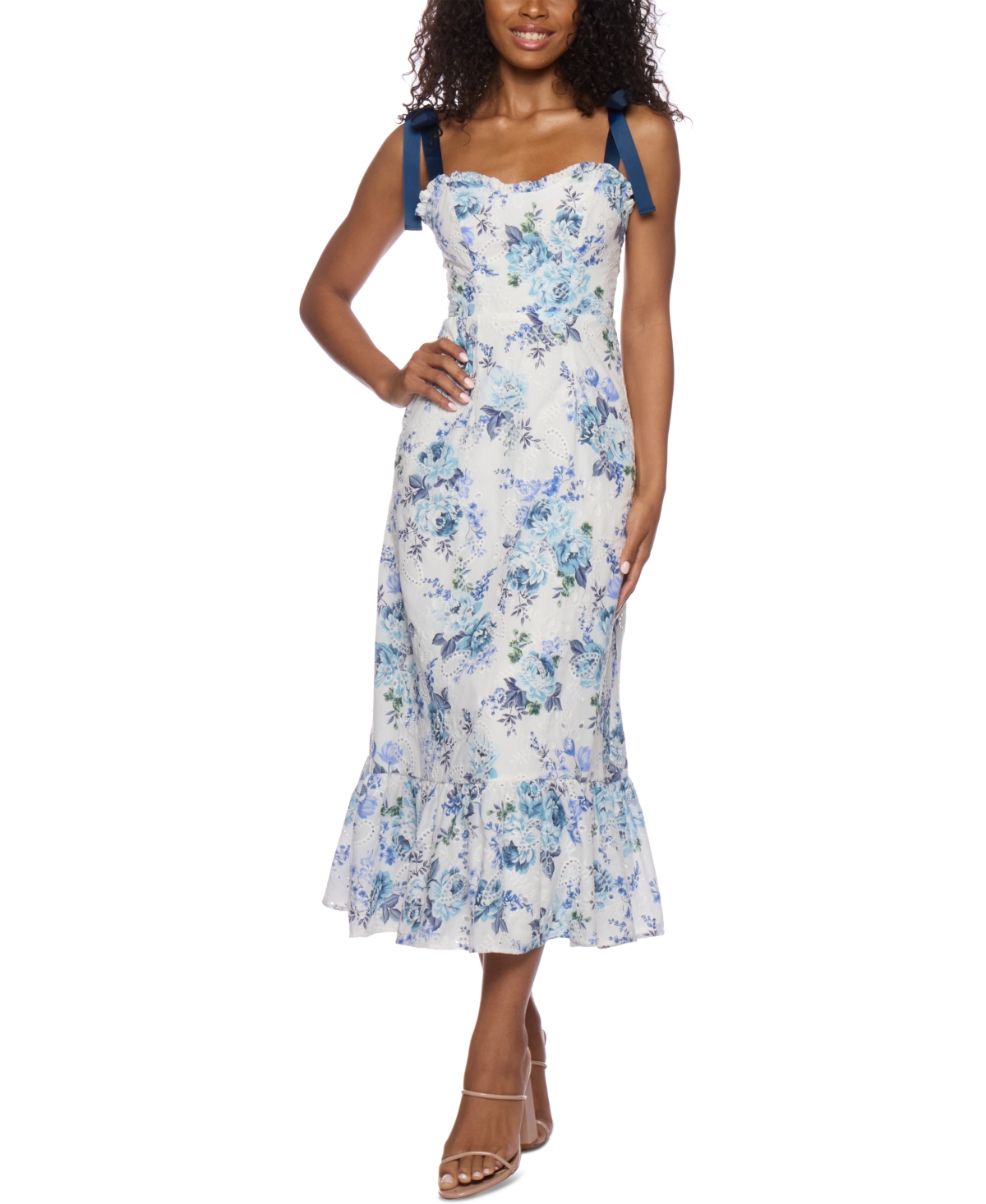 Juniors' Tie-Strap Printed Embroidered Eyelet Midi Dress - Navy Multi